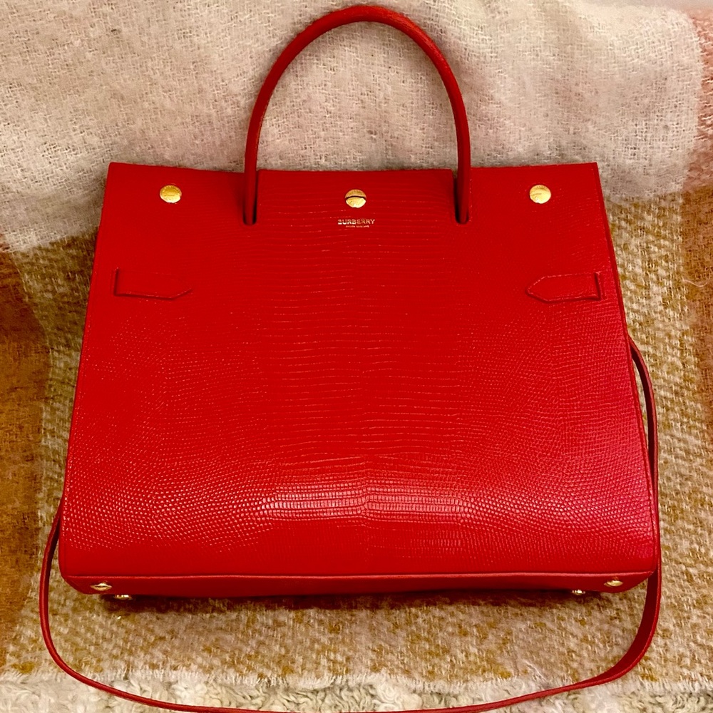 Brand New - BURBERRY Grainy Calfskin Two Handle Title Bag Red